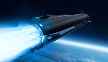 Illustration of a large black rocket soaring into orbit, trailing blue flames behind it