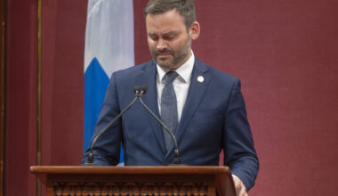 Paul St-Pierre Plamondon looks down while standing at a podium in the red room at the National Assembly.