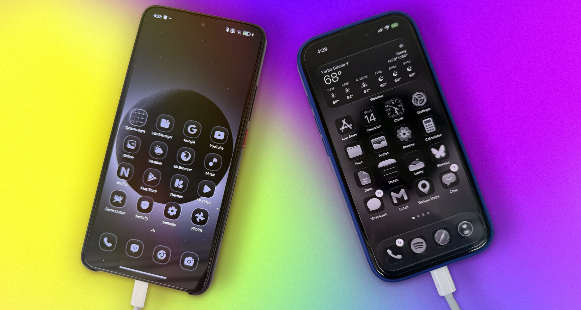 Two smart phones with the home screen visible. The screens look monochromatic (with a pop of green from the battery indicator).