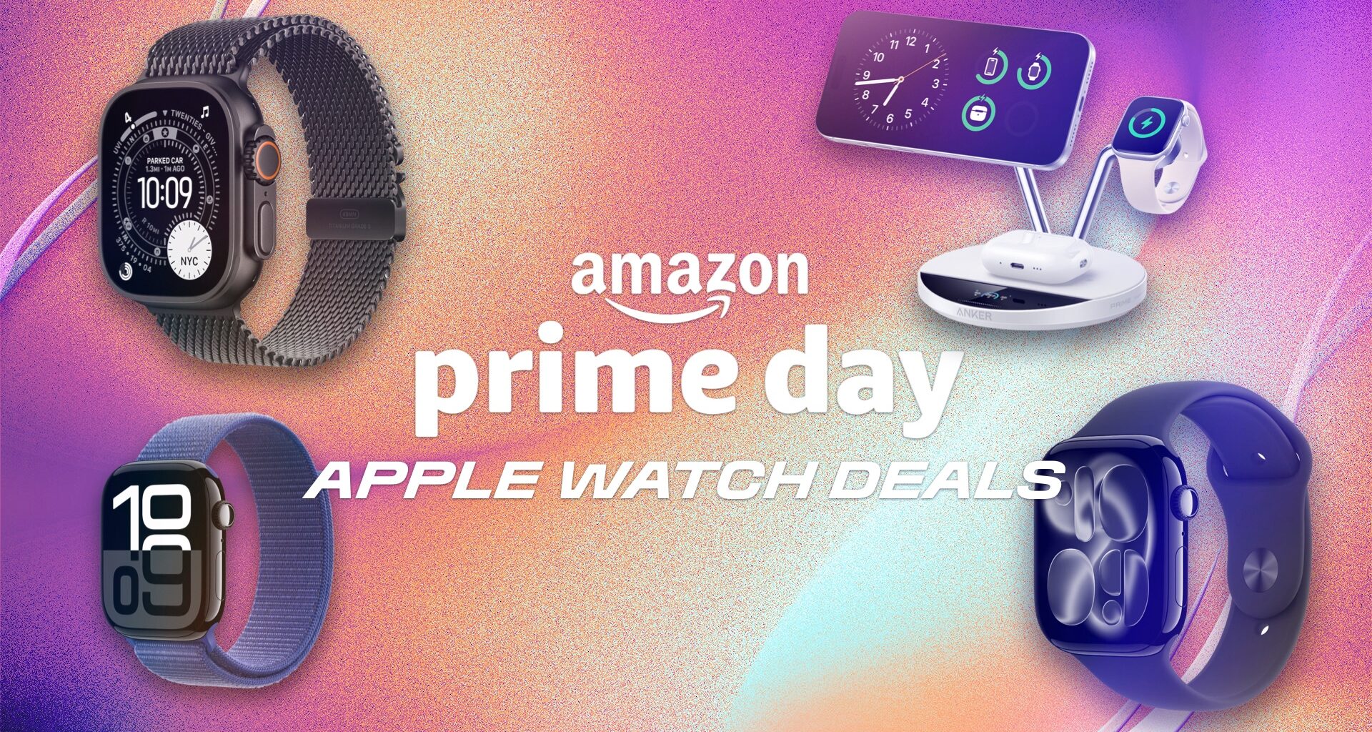 Apple Watches and a charging station on a CNET background with the text Amazon Prime Day Apple Watch deals