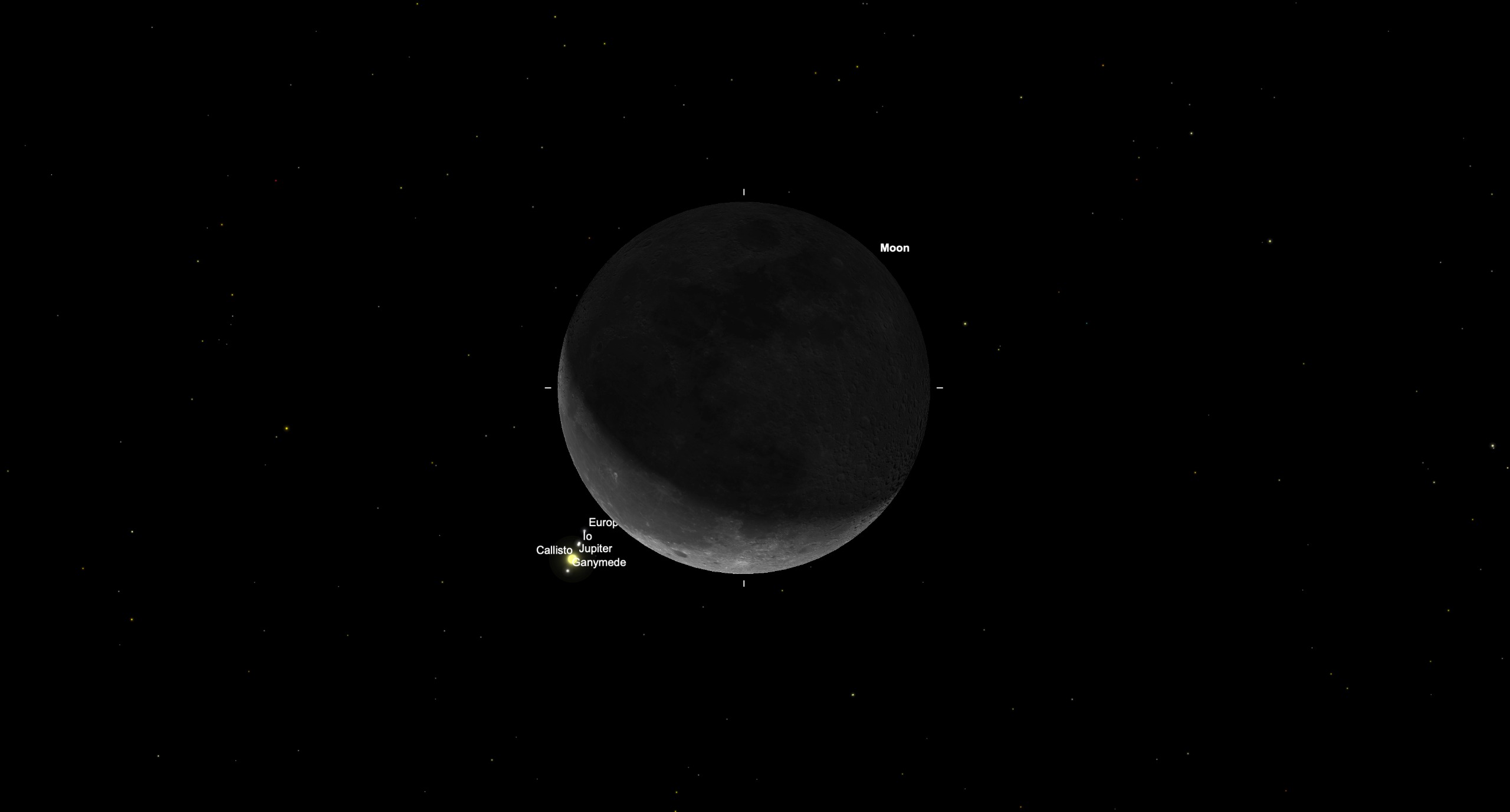 Starry Night simulation showing the dark side of the crescent moon covering Jupiter, with Io, Europa, Ganymede and Callisto close to the lunar limb.