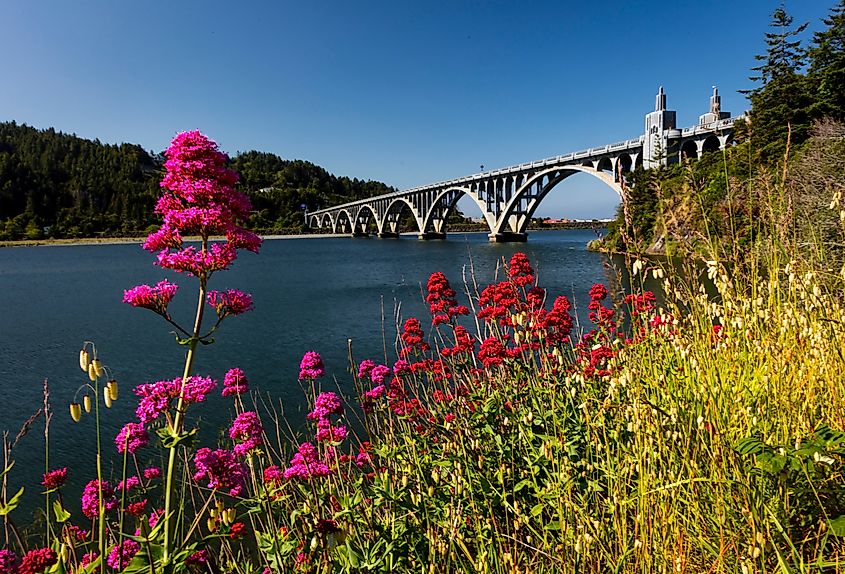 The Isaac Lee Patterson Bridge spanning the Rogue River at Gold Beach, Oregon