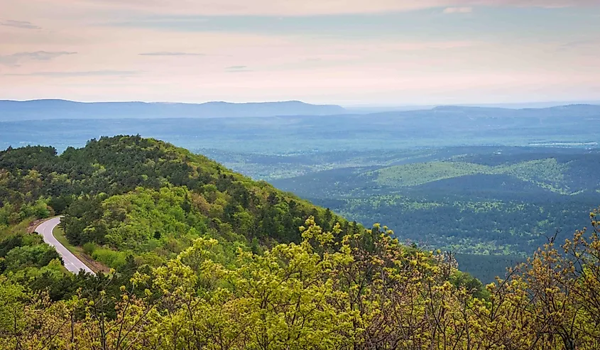 The Talimena Scenic Drive winds through the Ouachita National Forest.