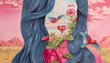 a portrait-style painting of a figure with shoulder length hair, wearing a pink shirt, with flowers and a blue sky in place of her face