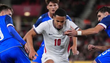 England's Ethan Nwaneri (centre) battles for possession with Slovakia's Mario Sauer (left) and Filip Mielke