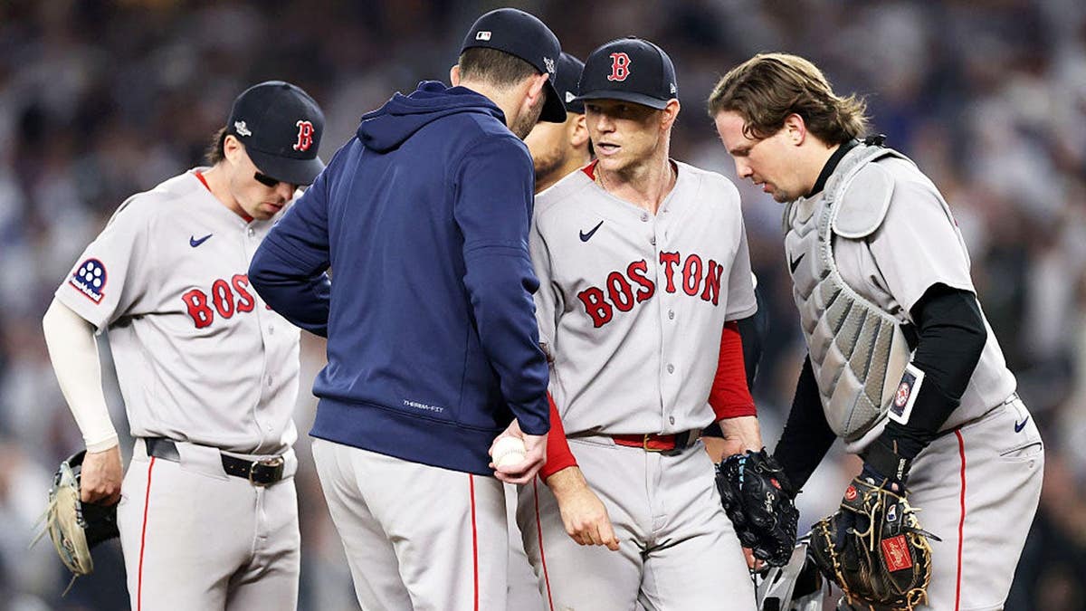 Sonny Gray is removed from the game by Boston Red Sox manager Chad Tracy during the American League Wild Card Series at Yankee Stadium.