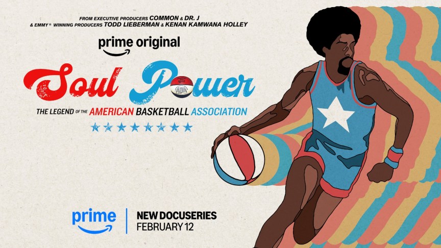 Illustration of a Black basketball player and a red, white and blue ball in the key art for Soul Power on Prime Video.