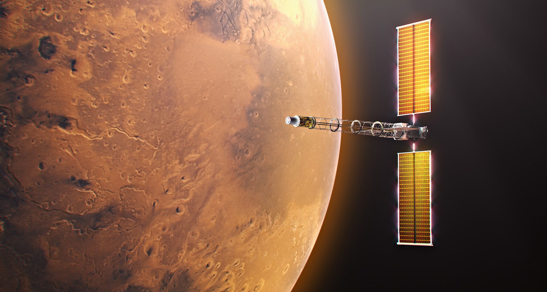 Digital illustration of the Space Reactor-1 (SR-1) Freedom spacecraft in orbit near Mars. The planet's red terrain fills the left half of the frame. On the right, the spacecraft is oriented horizontally, showcasing its central Power and Propulsion Element bus flanked by two tall, illuminated golden Roll-Out Solar Arrays. An elongated open-truss boom extends forward from the bus, ending at the cylindrical nuclear fission reactor and power conversion module.