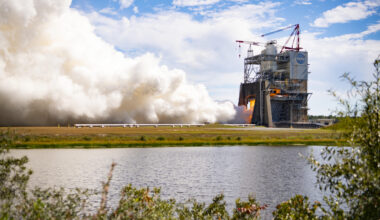 RS-25 engine No. 10001 undergoes a hot fire test on the Fred Haise Test Stand at NASA’s Stennis Space Center in Mississippi on October 21, 2026.