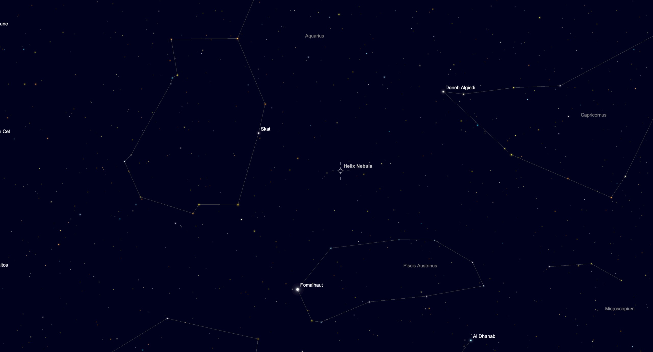 Star chart showing the location of the Helix Nebula in Aquarius, north of the bright star Fomalhaut.