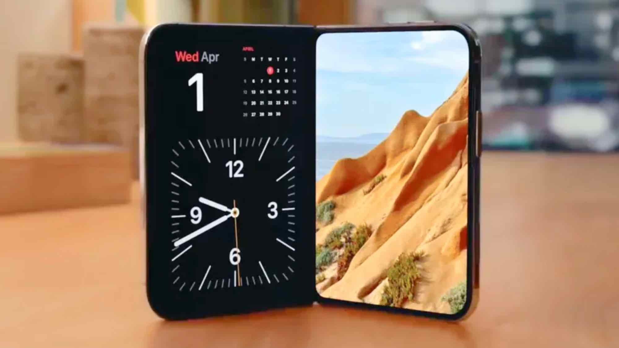 The iPhone Duo in Book Mode standing on a surface showing StandBy