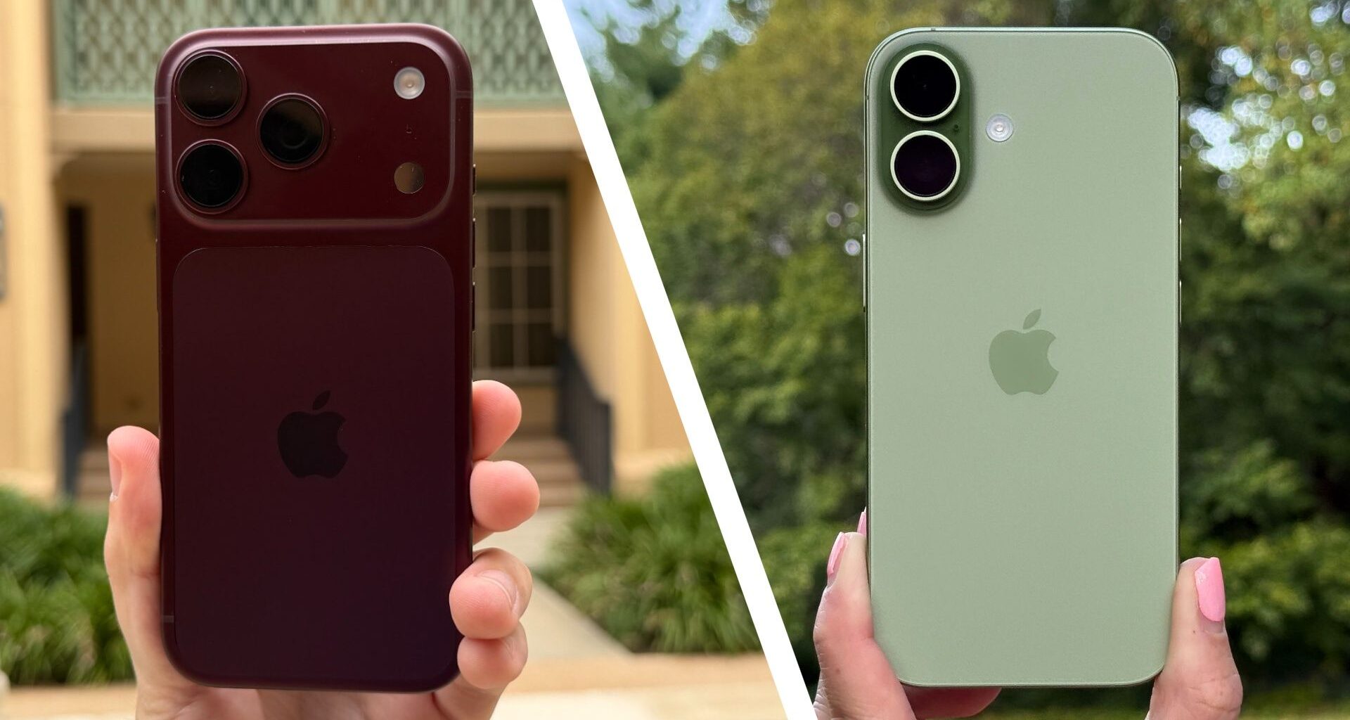 The iPhone 18 Pro in burgundy being held up alongside the iPhone 17 in green