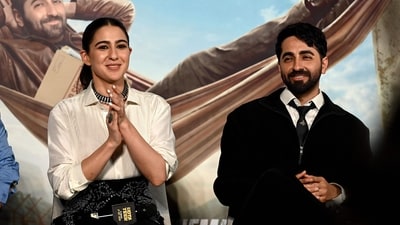 Bollywood actors Sara Ali Khan and Ayushmann Khurrana attend the trailer launch of their upcoming Hindi-language film 'Udta Teer' in Mumbai on September 23, 2026. (Photo by SUJIT JAISWAL / AFP) (AFP)