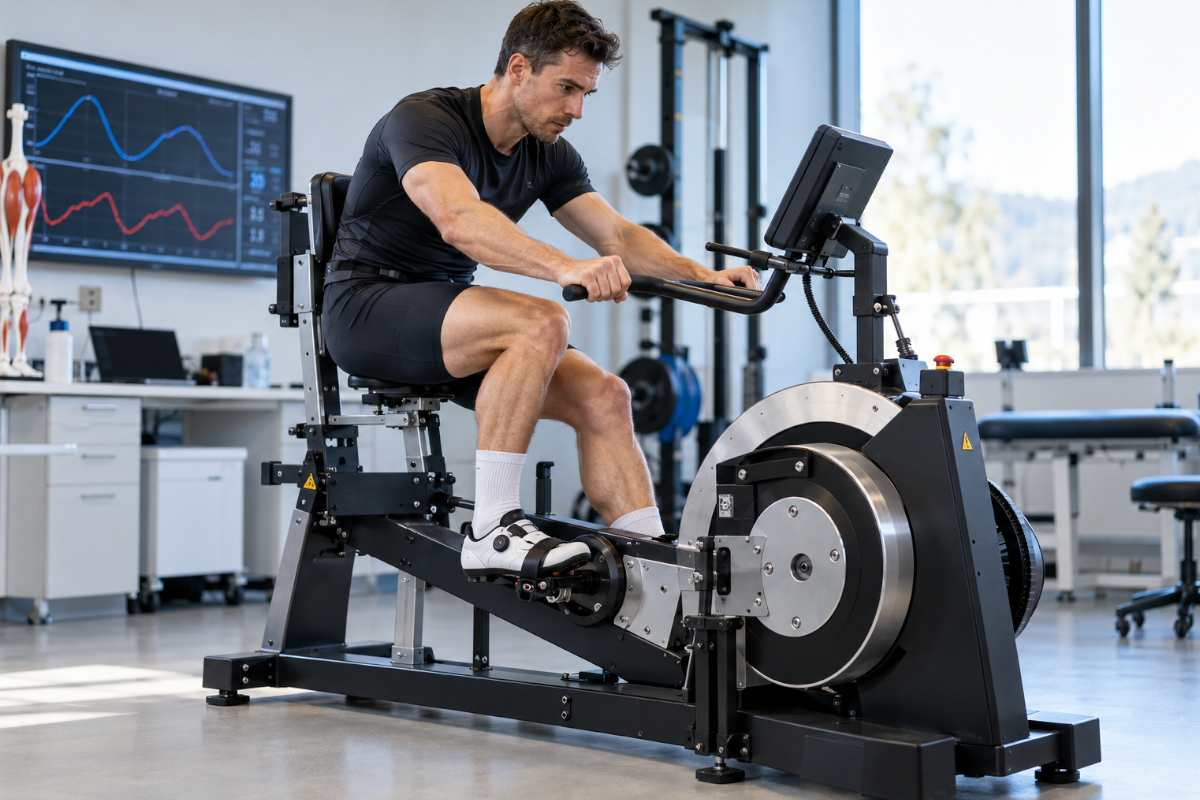 Man performing eccentric cycling on a specialized exercise machine. Imagen: TodoMountianBike