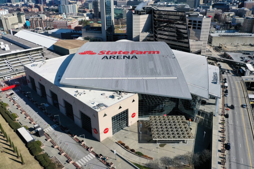 An aerial view of the exterior of State Farm Arena in Atlanta, Georgia.