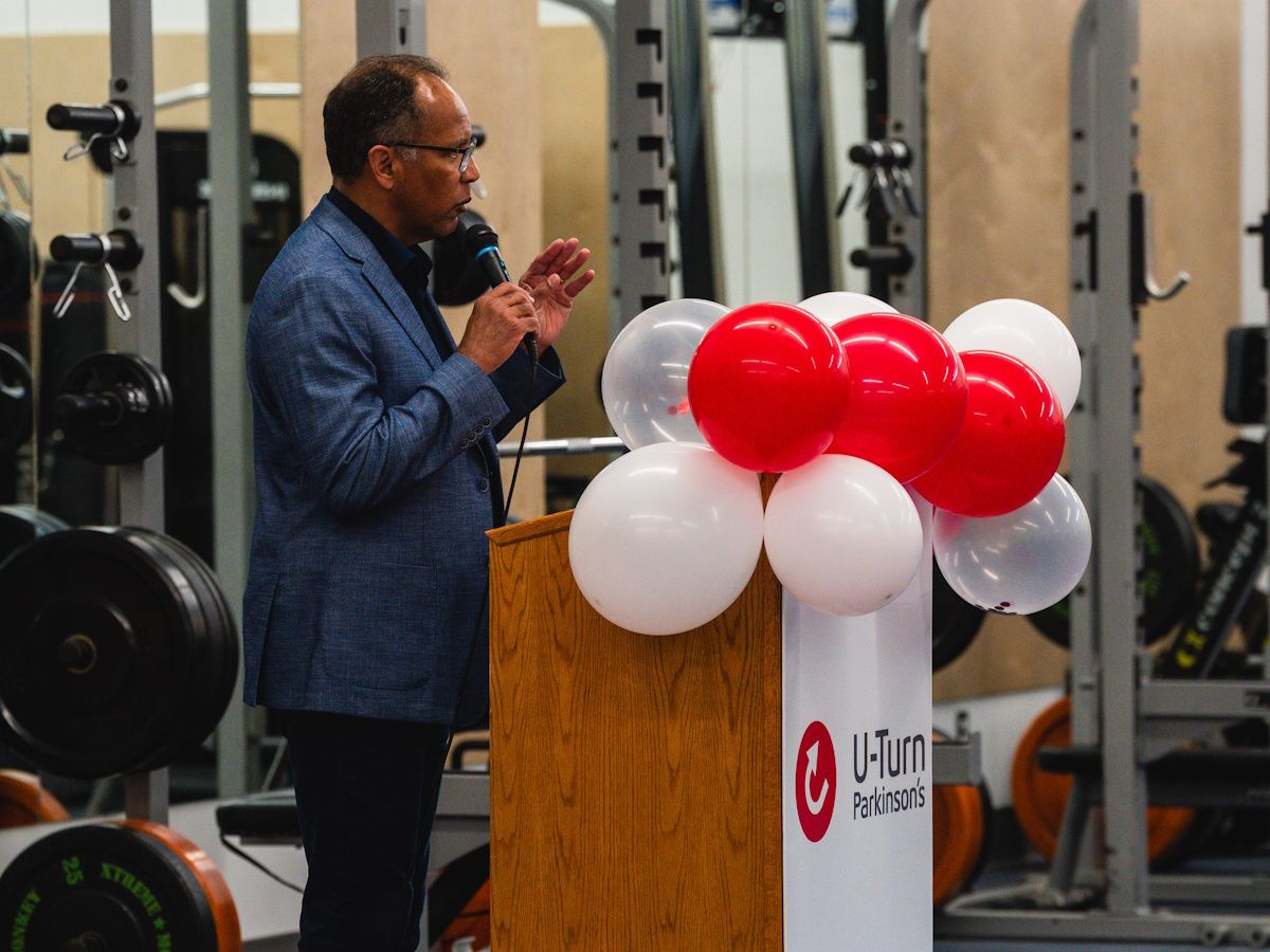 Tim Hague Sr. speaking at a U-Turn Parkinson's event