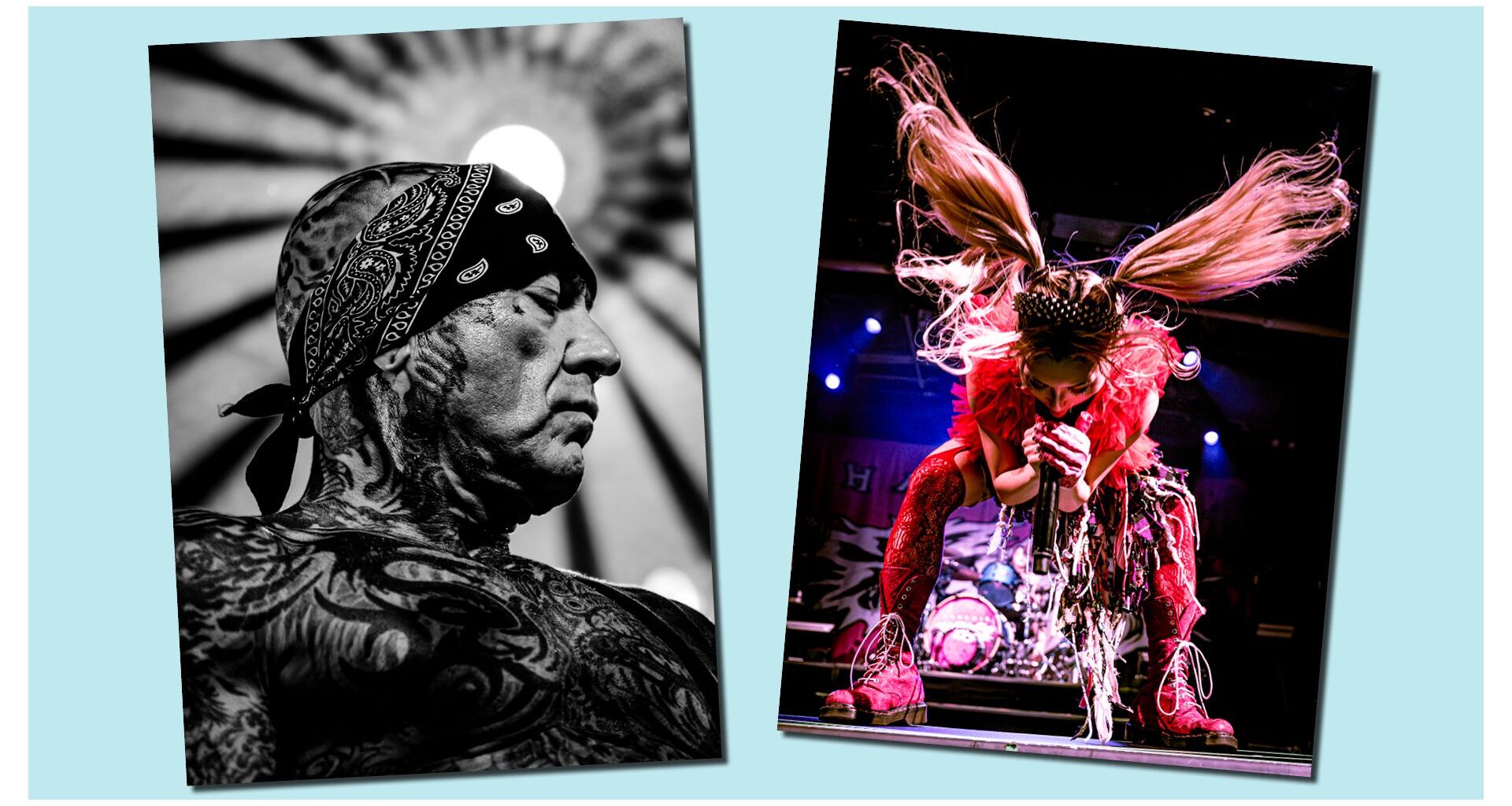 Two pictures by music photographer Afra Gethoeffer Gruetz: Evan Seinfeld from American hardcore band Biohazard, on the left, and Yukina, the singer of the band Hanabie, headbanging during her show.