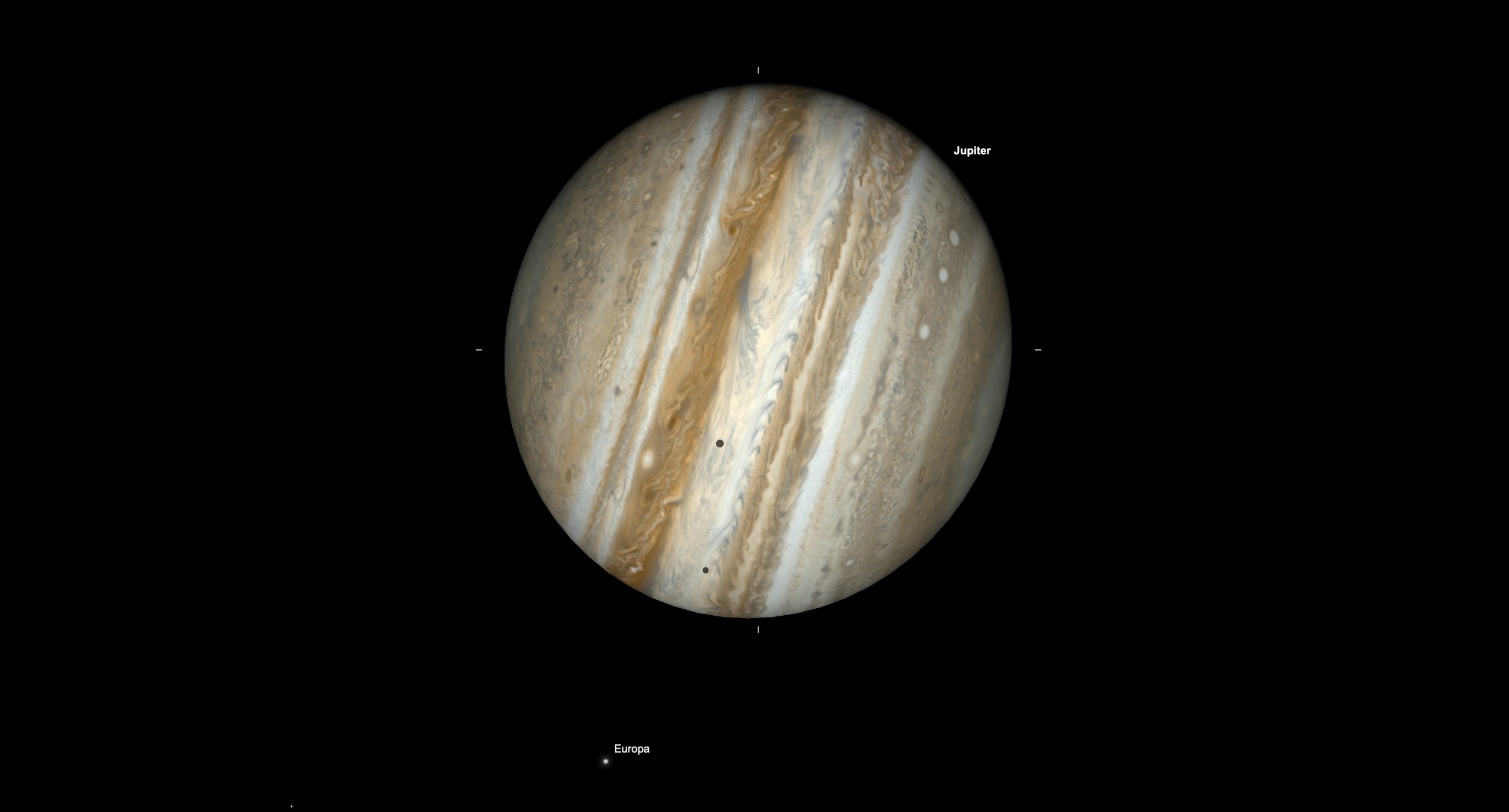 Telescopic simulation of Jupiter on Oct. 5 showing two dark moon shadows crossing the planet's banded disk, with Europa visible nearby.