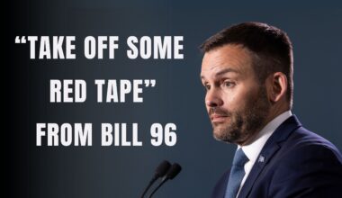 Picture of Paul St-Pierre Plamondon next to text that reads: "Take off some red tape" from Bill 96