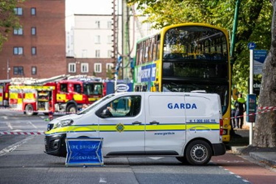 Gardaí and paramedics attended the scene after a Dublin Fire Brigade engine was involved in a crash with a bus in the city centre. Several firefighters suffered minor injuries. Photo: Damien Storan.