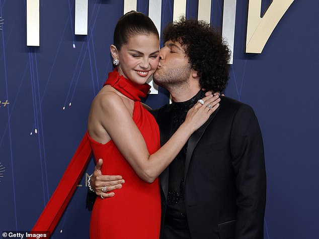 Benny Blanco delivered a speech at his pal Lil Dicky's wedding in a very bizarre fashion; pictured with fiancee Selena Gomez earlier this month