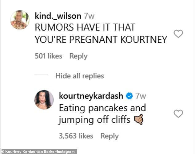 Last month, Kardashian shut down speculation that she was pregnant with baby No. 5 while responding to a nosy Instagram follower: 'Eating pancakes and jumping off cliffs'