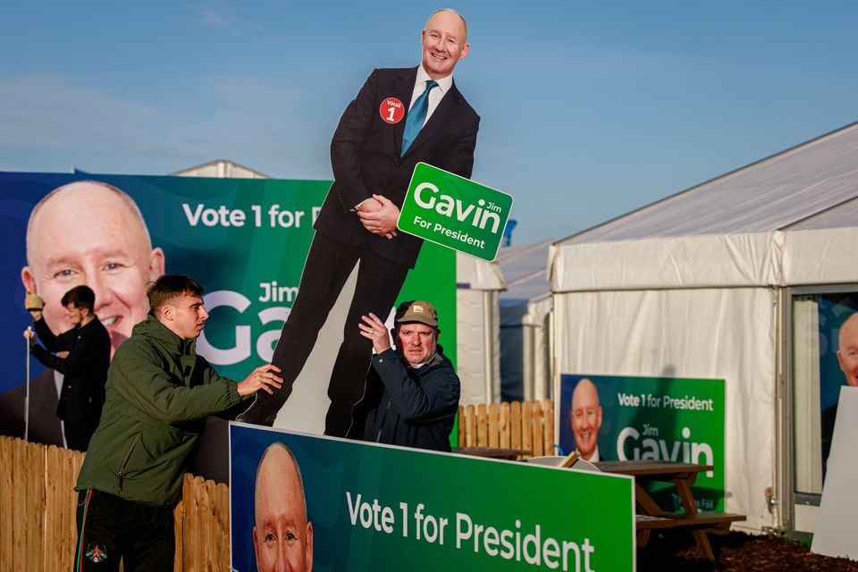 A cardboard cutout of Presidential candidate Jim Gavin is brought to the Fianna Fáil tent on the first day of the National Ploughing Championships in Screggan, Tullamore, Co. Offaly. Pic: Mark Condren
