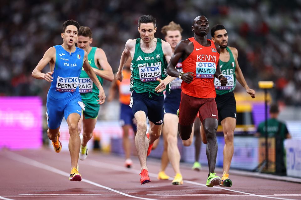 Kenya's Emmanuel Wanyonyi crosses the finish line to win his 800m heat ahead of Italy's Francesco Pernici and Ireland's Mark English. Photo: Reuters/Sarah Meyssonnier