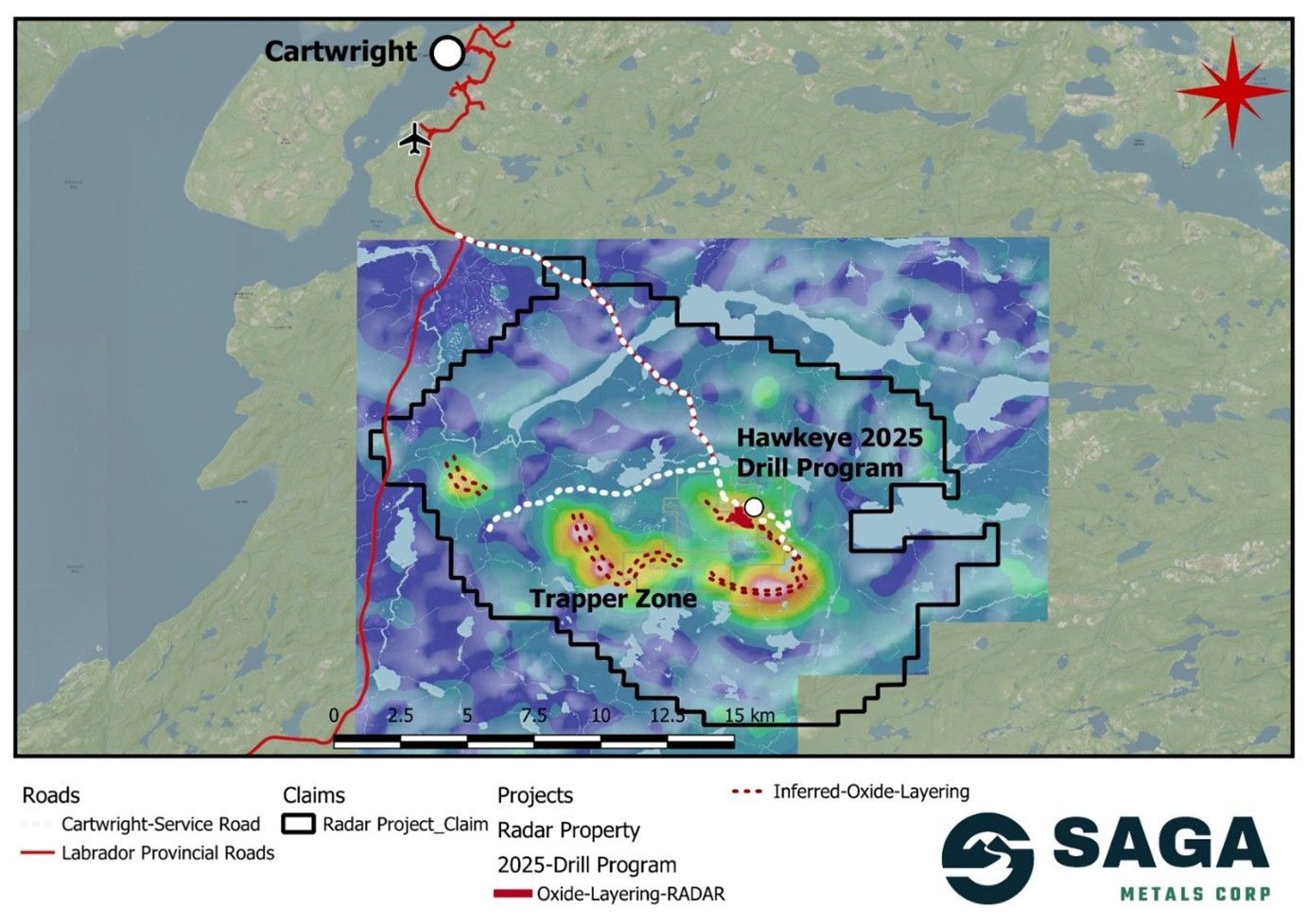 Radar Property map, depicting aeromagnetic anomalies, oxide layering and the site of the 2025 drill program. The Property is well serviced by road access and is conveniently located near the town of Cartwright, Labrador. A compilation of historical aeromagnetic anomalies is shown. SAGA has demonstrated the reliability of the regional airborne magnetic surveys after ground-truthing and drilling in the 2024 and 2025 field programs.