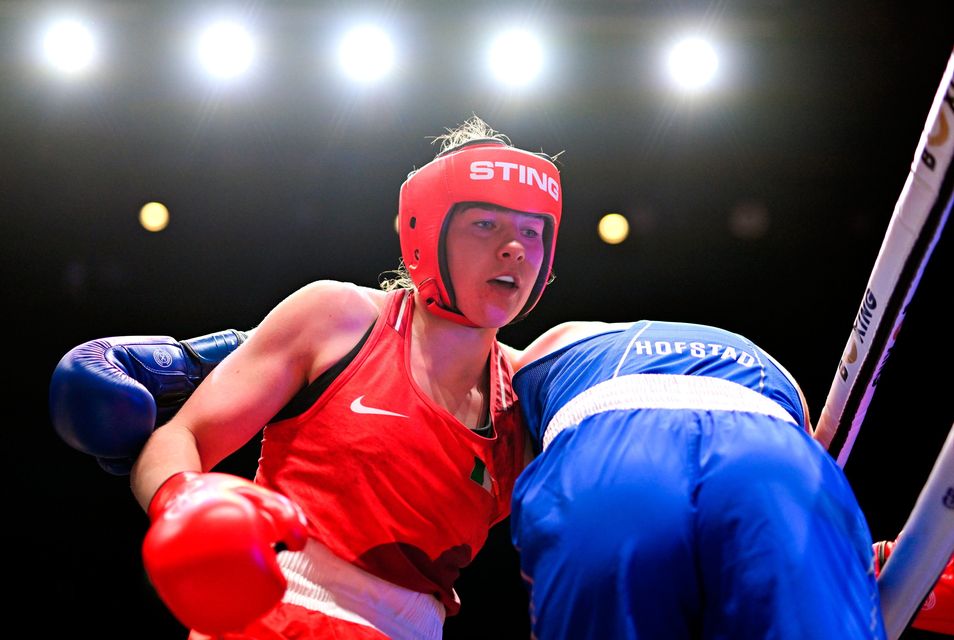 Aoife O'Rourke in action against Sunniva Hofstad of Norway during their women's 75kg quarter-final at the World Boxing Championships in the M&S Bank Arena in Liverpool. Photo: Ben McShane/Sportsfile