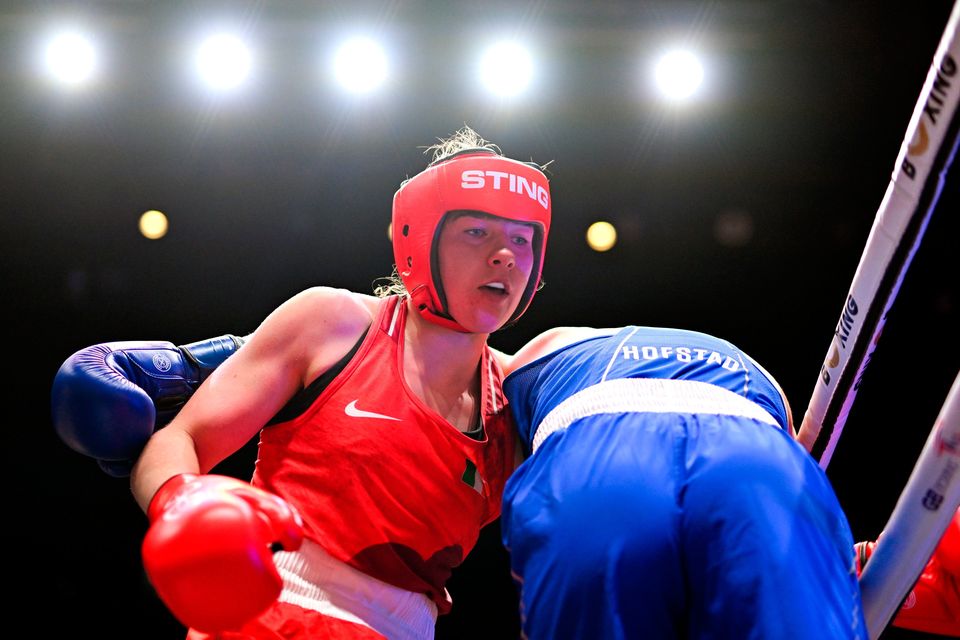 Aoife O'Rourke in action against Sunniva Hofstad of Norway during their women's 75kg quarter-final at the World Boxing Championships in the M&S Bank Arena in Liverpool. Photo: Ben McShane/Sportsfile