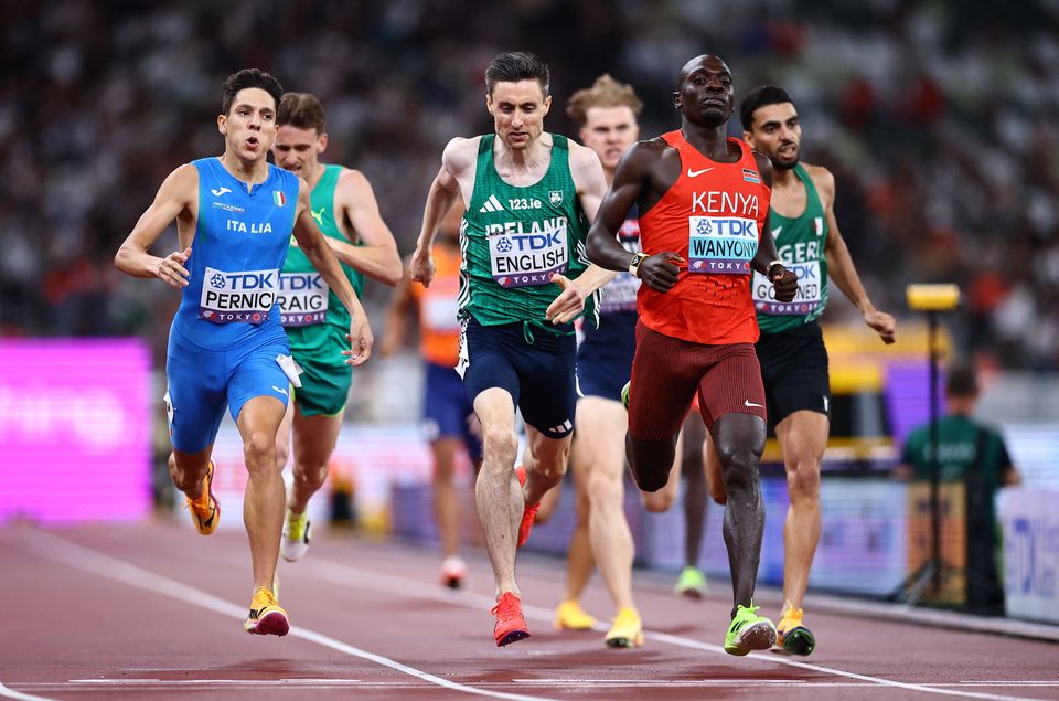 Kenya's Emmanuel Wanyonyi crosses the finish line to win his 800m heat ahead of Italy's Francesco Pernici and Ireland's Mark English. Photo: Reuters/Sarah Meyssonnier