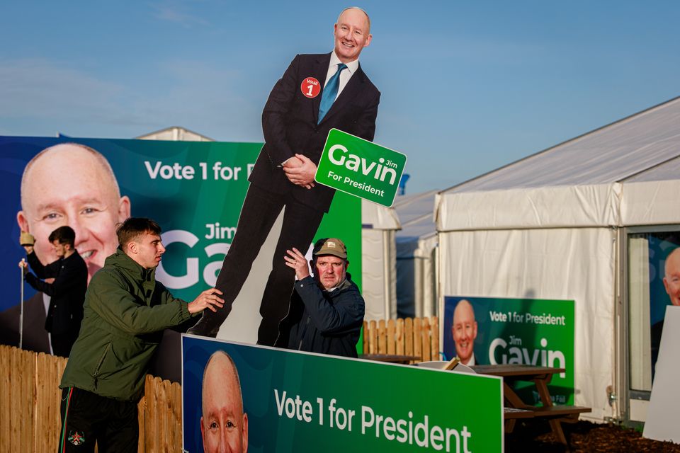 A cardboard cutout of Presidential candidate Jim Gavin is brought to the Fianna Fáil tent on the first day of the National Ploughing Championships in Screggan, Tullamore, Co. Offaly. Pic: Mark Condren