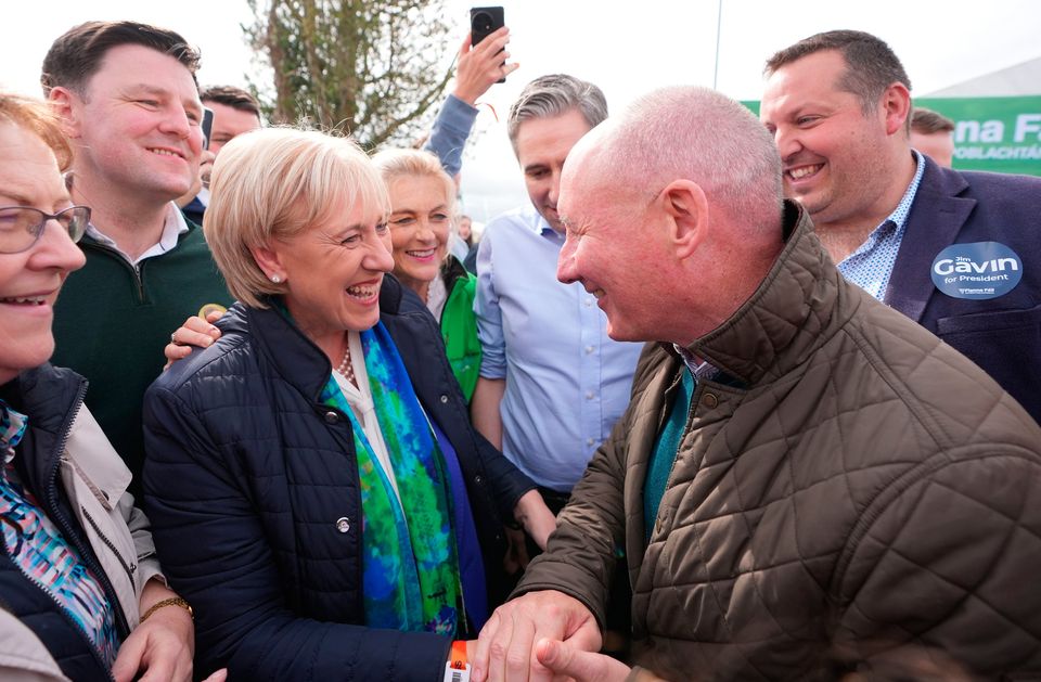 Presidential candidates Heather Humphreys and Jim Gavin speak to each other while canvassing at the National Ploughing Championships at Tullamore, Co  Offaly. Pic: Niall Carson/PA Wire