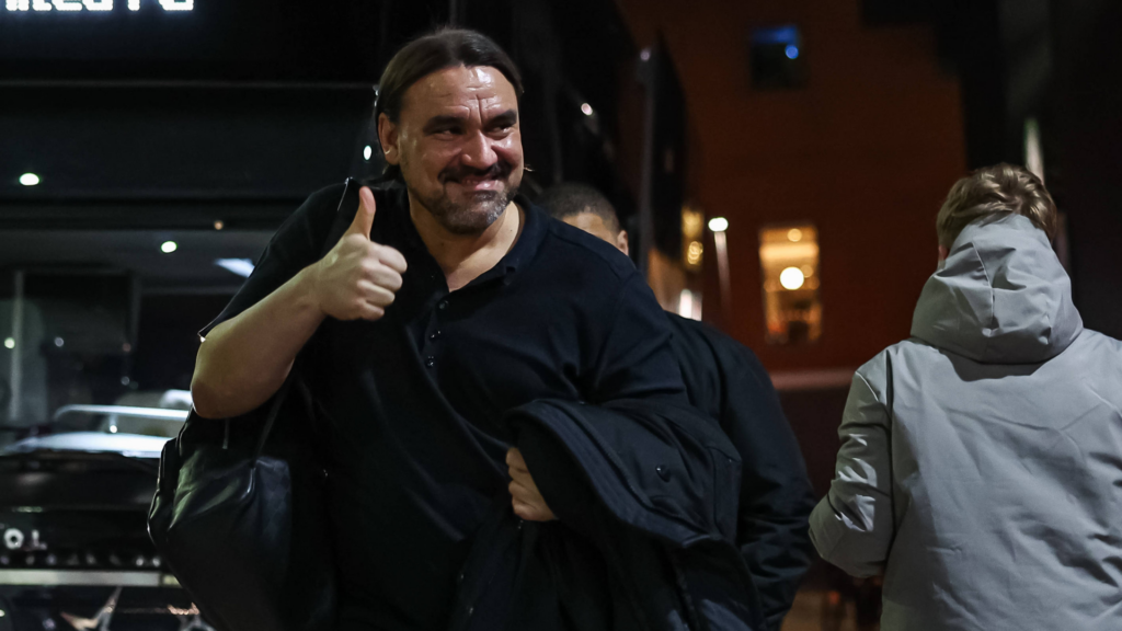 Leeds United manager Daniel Farke looking happy