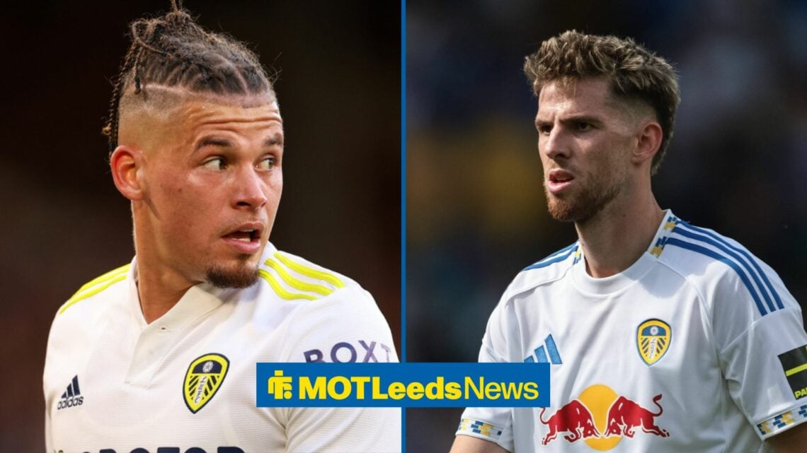 Kalvin Phillips and Anton Stach looking on in Leeds shirts