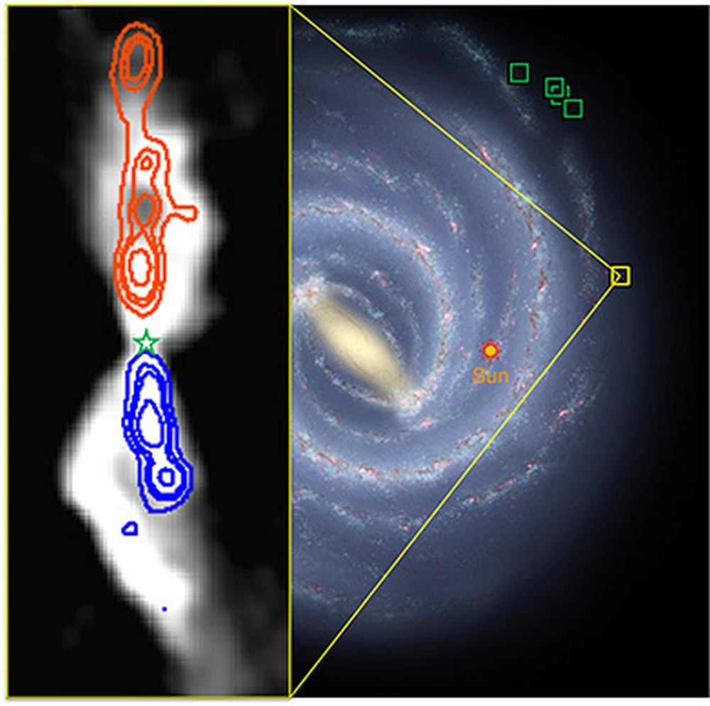 ALMA, the Atacama Large Millimeter/submillimeter Array, detected protostellar outflow jets in the Milky Way's outer reaches, where metallicity is low. Since metallicity was also low in the ancient Universe, the discovery indicates that star formation now is similar to star formation in the early Universe. Image Credit: Ikeda et al. (Niigata univ.), background: R. Hurt/NASA/JPL-Caltech/ESO]