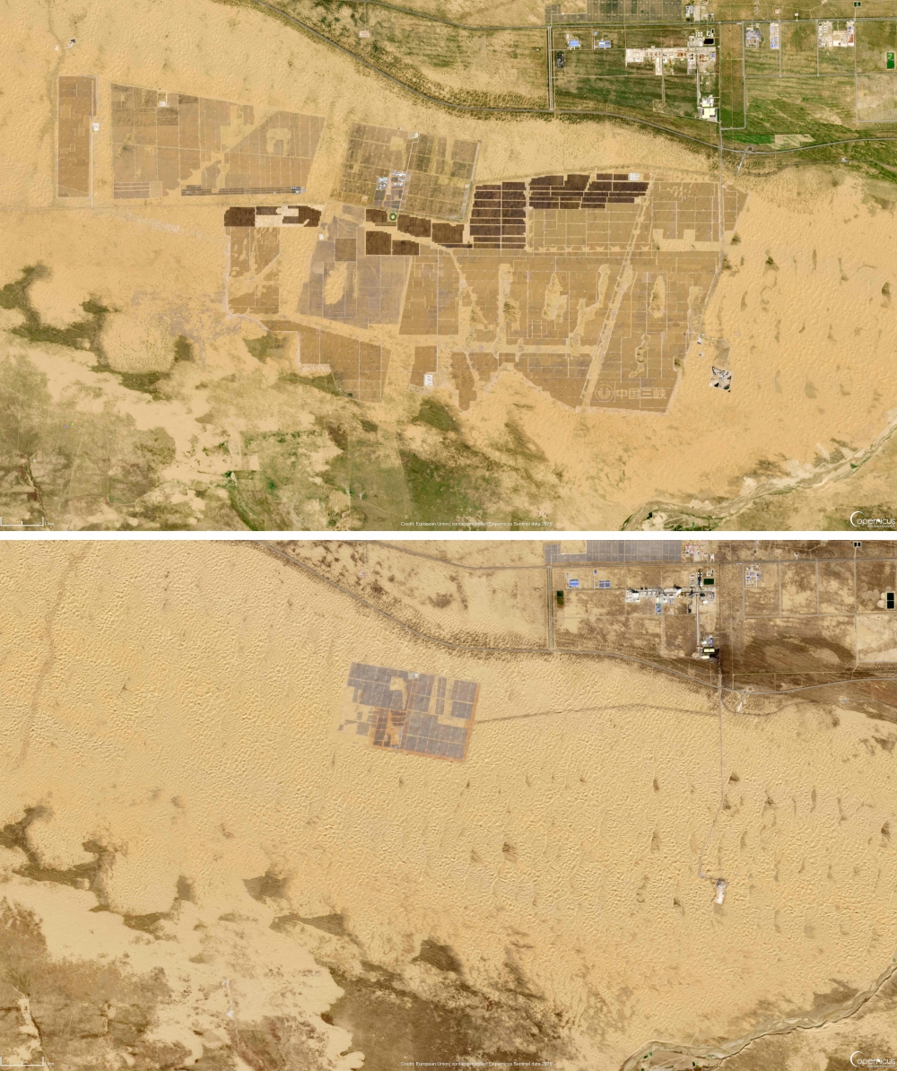 This combination image created on September 25, 2025 shows a handout satellite image from Copernicus Sentinel Data 2025 taken on July 16, 2025 and received on August 8, 2025 of fields of solar panels at the Kubuqi Photovoltaic Desert Control Project in the Kubuqi desert, near Ordos, in China’s Inner Mongolia region (top) and the same area taken on November 8, 2016. — AFP pic