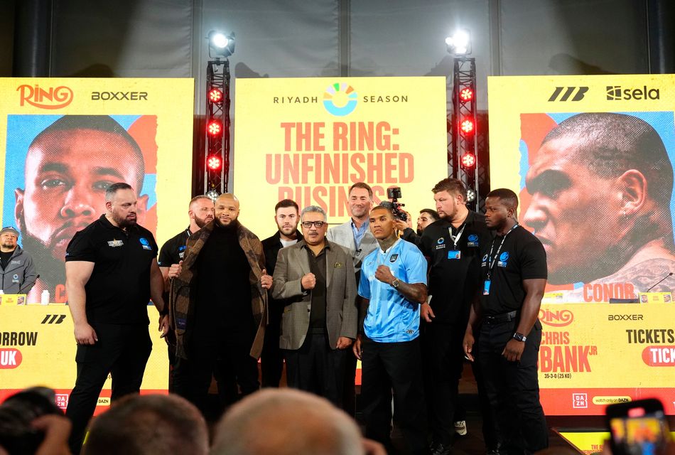 Chris Eubank Jr, Ben Shalom, CEO of Sela Rakan Al-Harthy, Eddie Hearn and Conor Benn during a press conference at Tottenham Hotspur Stadium, London. Picture date: Wednesday September 17, 2025. PA Photo. Photo credit should read: Adam Davy/PA Wire.
RESTRICTIONS: Use subject to restrictions. Editorial use only, no commercial use without prior consent from rights holder.