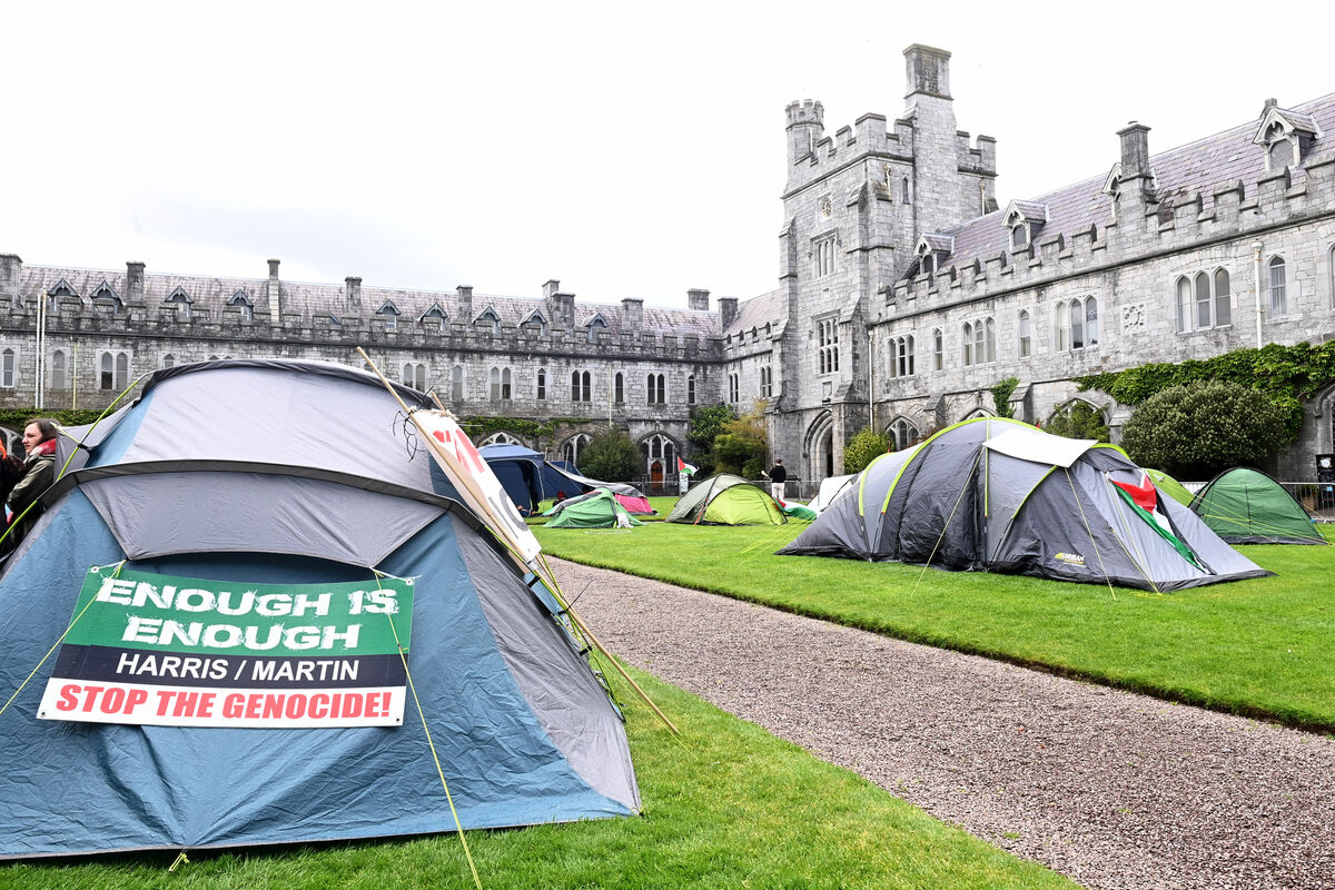  A student encampment set up on the main quadrangle at UCC to force the college to divest links with Israel. Ireland is among the most pro-Palestinian countries in Western Europe, something that attracted young Americans to come and study here. File picture: Larry Cummins