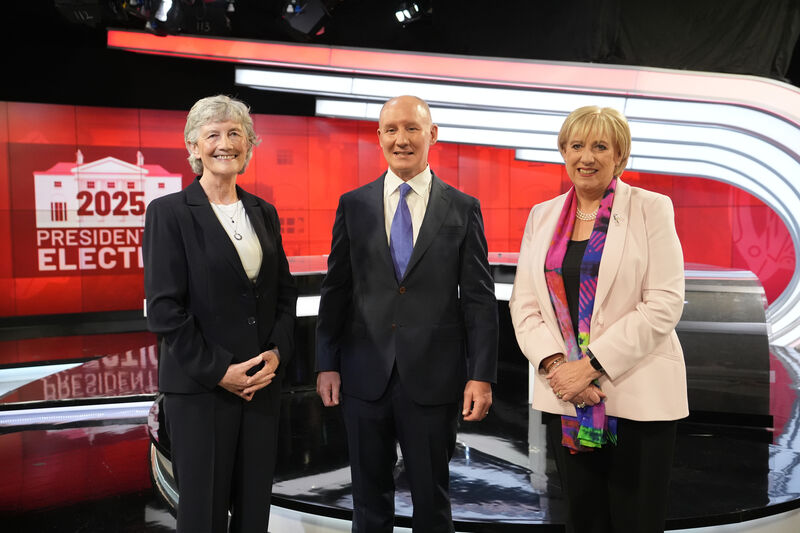 Presidential candidates: Independent candidate Catherine Connolly, Fianna Fail candidate Jim Gavin, and Fine Gael's candidate Heather Humphreys, prior to the start of the first presidential debate on The Tonight Show, at Virgin Media Television Studios in Dublin. Picture date: Monday September 29, 2025.