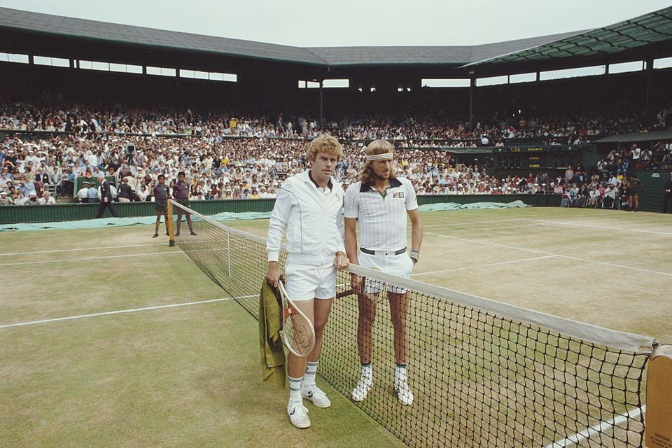 Bjorn Bjorg of Sweden and Roscoe Tanner of the United States before their Men's Singles Final match of the Wimbledon Lawn Tennis Championship on 7 July 1979 at the All England Lawn Tennis and Croquet Club in Wimbledon, London, England. (Photo by Tony Duffy/Getty Images)