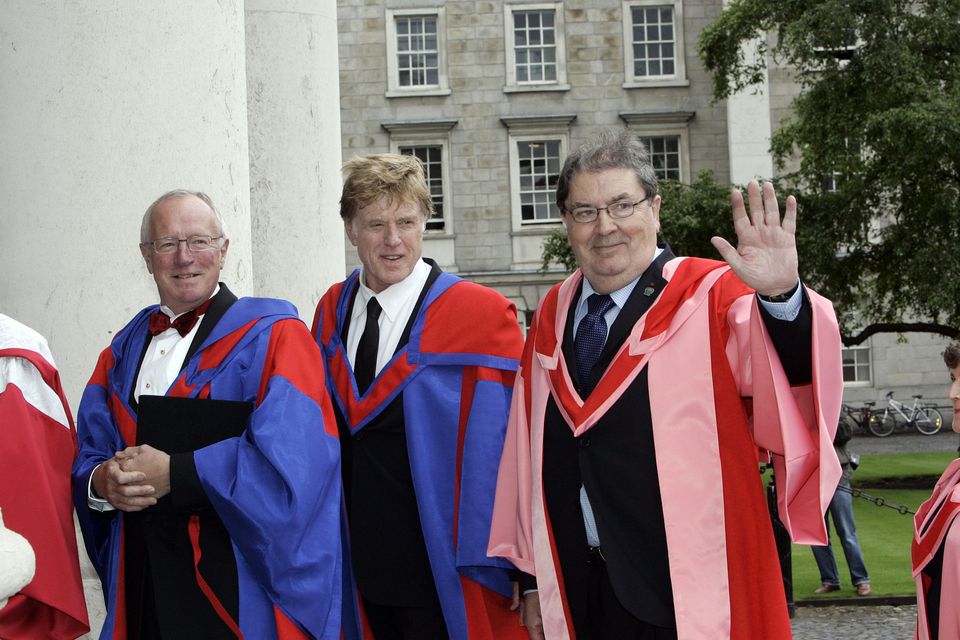 Robert Fisk, Robert Redford and John Hume in Trinity College Dublin where they were conferred with Honorary Degrees. Photo: Mac Innes Photography