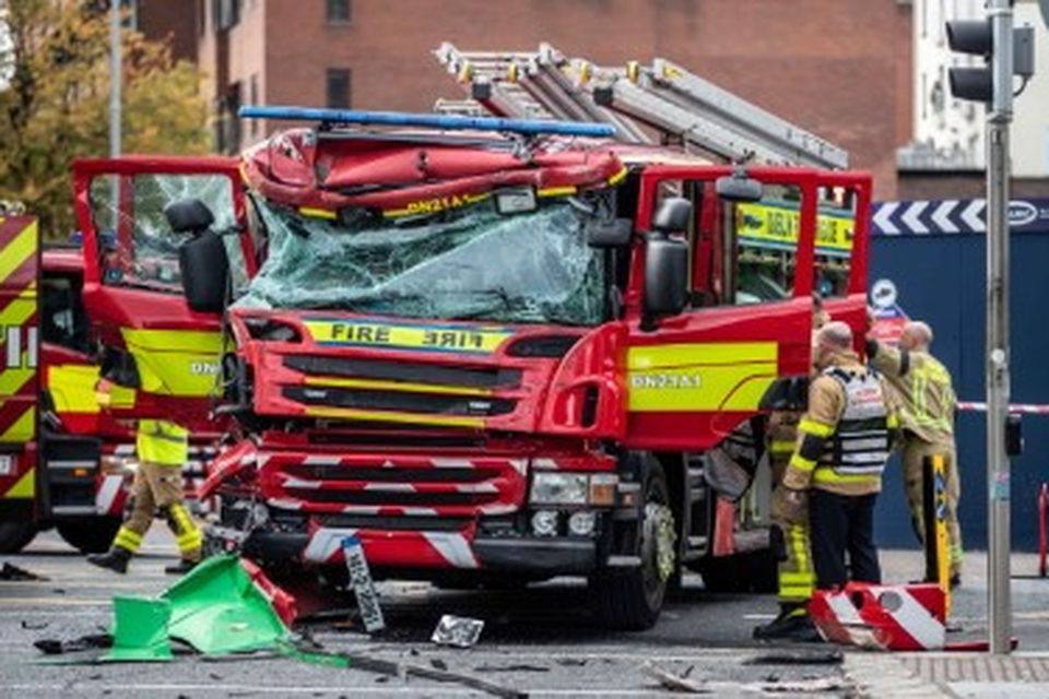 Gardaí and paramedics attended the scene after a Dublin Fire Brigade engine was involved in a crash with a bus in the city centre. Several firefighters suffered minor injuries. Photo: Damien Storan.