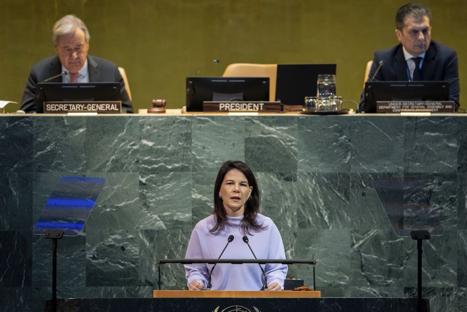Annalena Baerbock, president of the 80th session of the United Nations General addresses delegates (Angelina Katsanis/AP)