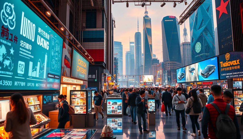 A bustling e-commerce marketplace, filled with innovative digital solutions. In the foreground, a dynamic display showcases cutting-edge fintech applications, seamlessly integrated with mobile devices. The middle ground features sleek virtual storefronts, where customers browse and purchase goods with effortless efficiency. In the background, a cityscape of towering skyscrapers and futuristic architecture sets the stage for a thriving remote work ecosystem, powered by advanced cloud technologies and collaborative tools. Warm lighting casts a vibrant glow, capturing the energy and excitement of this transformative digital landscape. The scene conveys a sense of progress, connectivity, and the endless possibilities of China's evolving internet market. A bustling e-commerce marketplace, filled with innovative digital solutions. In the foreground, a dynamic display showcases cutting-edge fintech applications, seamlessly integrated with mobile devices. The middle ground features sleek virtual storefronts, where customers browse and purchase goods with effortless efficiency. In the background, a cityscape of towering skyscrapers and futuristic architecture sets the stage for a thriving remote work ecosystem, powered by advanced cloud technologies and collaborative tools. Warm lighting casts a vibrant glow, capturing the energy and excitement of this transformative digital landscape. The scene conveys a sense of progress, connectivity, and the endless possibilities of China's evolving internet market.
