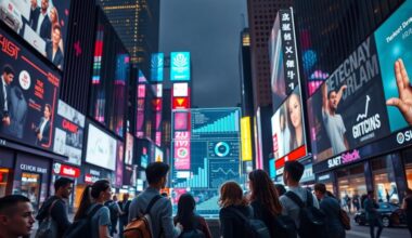 A bustling urban street scene, with towering skyscrapers and neon-lit billboards in the background. In the foreground, a group of young professionals gather around a central kiosk, intently studying data visualizations and charts projected onto a holographic display. The lighting is a combination of warm city lights and cool, futuristic holograms, creating a dynamic, energetic atmosphere. The camera angle is slightly elevated, giving a bird's-eye view of the dynamic market insights unfolding below.