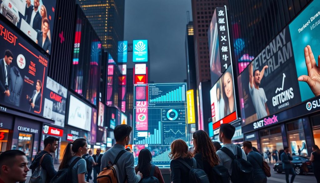 A bustling urban street scene, with towering skyscrapers and neon-lit billboards in the background. In the foreground, a group of young professionals gather around a central kiosk, intently studying data visualizations and charts projected onto a holographic display. The lighting is a combination of warm city lights and cool, futuristic holograms, creating a dynamic, energetic atmosphere. The camera angle is slightly elevated, giving a bird's-eye view of the dynamic market insights unfolding below. A bustling urban street scene, with towering skyscrapers and neon-lit billboards in the background. In the foreground, a group of young professionals gather around a central kiosk, intently studying data visualizations and charts projected onto a holographic display. The lighting is a combination of warm city lights and cool, futuristic holograms, creating a dynamic, energetic atmosphere. The camera angle is slightly elevated, giving a bird's-eye view of the dynamic market insights unfolding below.