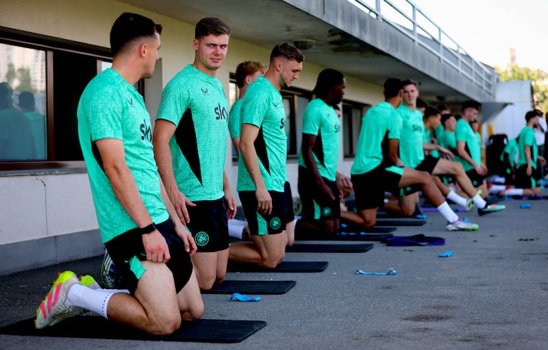 Evan Ferguson (second from left) will be looked upon to score for Ireland against Armenia. Photograph: Ryan Byrne/Inpho