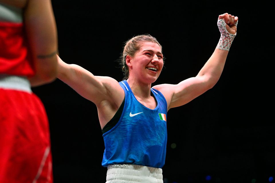 Aoife O'Rourke of Ireland celebrates after winning the Women's 75kg final bout against Busra Isildar